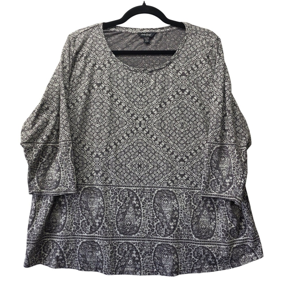 Lucky Brand Womens 2X Grey Paisley Floral Modal Cotton 3/4 Sleeve Knit Top Shirt